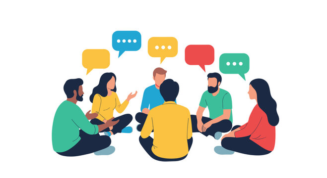 Group of diverse people sitting in a circle having a discussion.