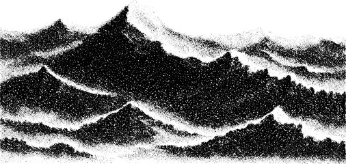 Black and white illustration of mountains and waves. Simple vector art set with a textured look, suitable for various design applications.