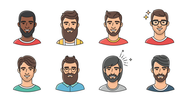 Diverse Group of Men with Various Hairstyles and Facial Hair.