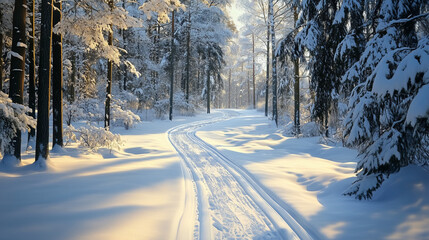 Winter landscape with snowy path winding through pine forest  