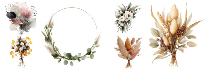 Elegant collection of dried flower arrangements, rustic bouquets, and wreath illustrations in muted tones on transparent background