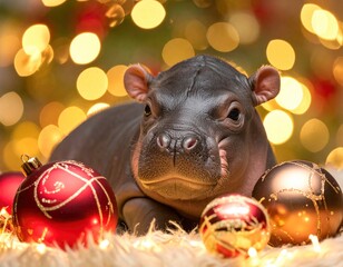 Baby Hippos Festive Holiday - A Portrait of Cuteness and Christmas Cheer.