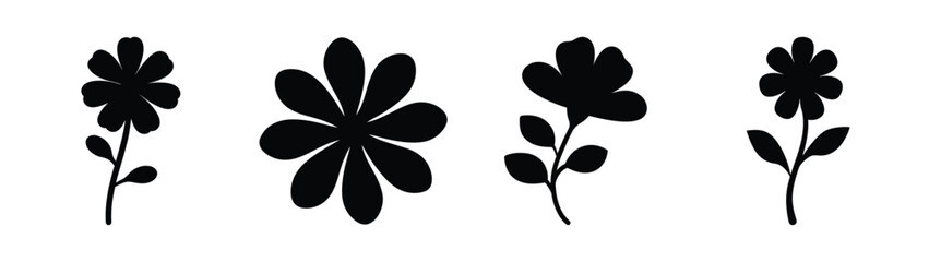 Collection of four distinct black silhouette floral designs with stems and leaves for artistic projects