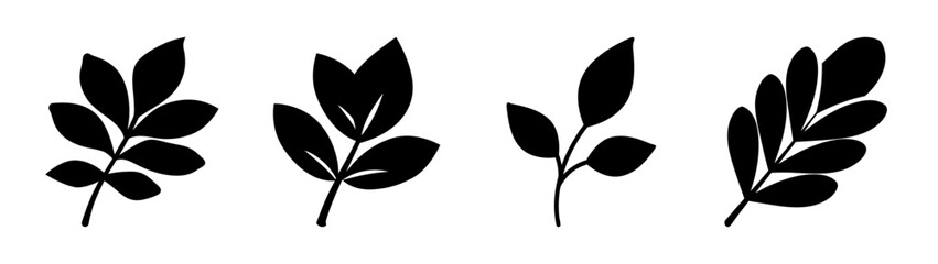 Collection of four diverse dark leaf silhouettes with delicate organic edges isolated