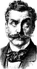 Vintage portrait of a man with mustache in a suit and bowtie. Black and white engraving vector illustration with detailed classic style.