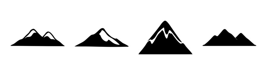 Set of four distinct silhouettes of majestic mountains with snow capped peaks and rugged terrain