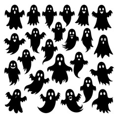 Collection of ghostly black silhouettes on white background