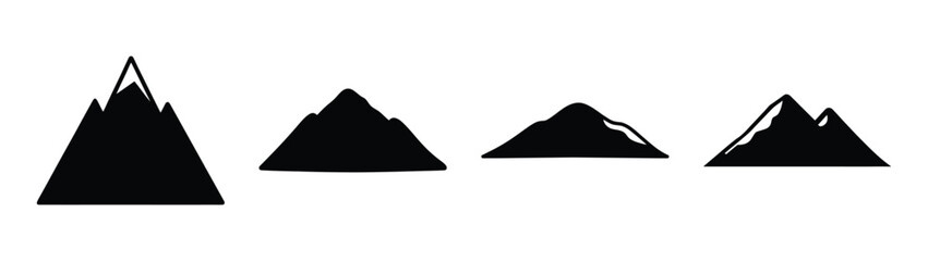 Collection of four distinct black silhouette mountain peaks in various sizes and styles for graphic design