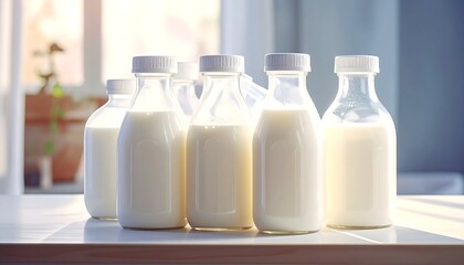 Collection of glass milk bottles, filled, sitting on a bright table