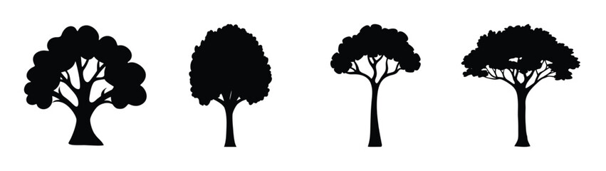 Collection of four distinct black silhouette trees ideal for nature and environmental designs