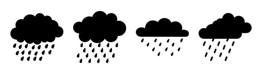 Four stylized dark clouds releasing heavy rain drops in a simple weather icon style