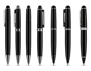 Collection of glossy black pens with silver accents, vector illustration