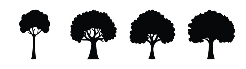 Four distinct black silhouette trees four unique natural woodland elements for graphic design