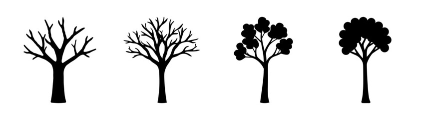 Collection of four distinct silhouette trees representing different seasons and growth stages