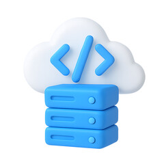 3D cloud icon, white cloud with blue server and coding symbol, isolated on transparent background