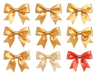Collection of golden silk bows arranged against a white background