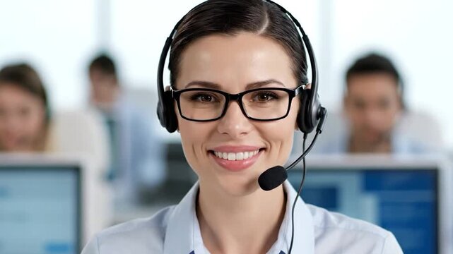 A smiling customer service representative wears a headset, glasses, and office attire - Powered by Adobe