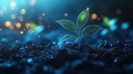 Growing plant is shown in soil with a drop of water. The design is low poly and features a blue geometric background technology digital data eco cyberspace internet connection.