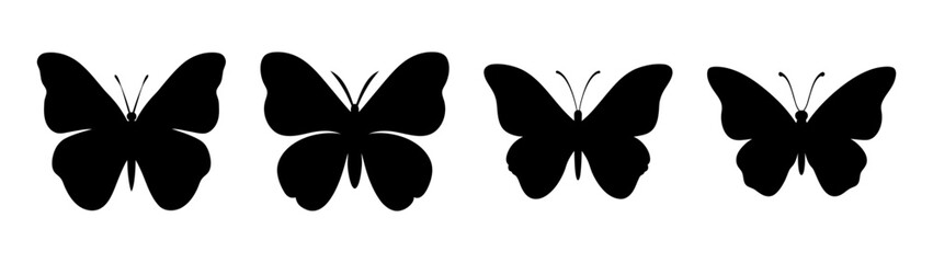 Four silhouetted butterflies arranged horizontally in black and white for design projects
