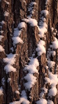Close Up Of Tree Bark With Snow During Golden Hour Lighting