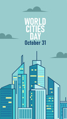 Obraz premium Stylized cityscape with blue skyline, glowing windows, and World Cities Day text, perfect for urban themes, global awareness, and modern architecture content.