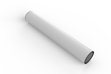 3D Realistic white tube paper mockup with black caps on both ends, isolated on background. Blank paper tube for showcasing artwork, poster, shipping posters, artwork, documents or parcel packaging