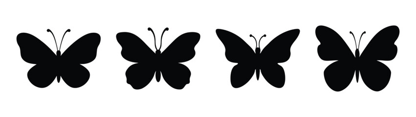 Four silhouetted butterflies with delicate antennae and wing detail isolated on