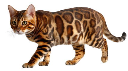 Fototapeta premium Bengal Cat Stroll: A striking Bengal cat, known for its elegant build and distinctive spotted coat, confidently strolls, exuding an air of sophistication and poise. 