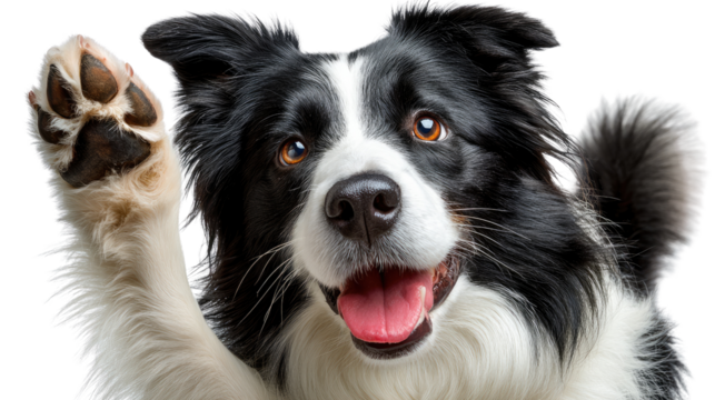 Cheerful Canine Greeting: A charming border collie raises a paw in a friendly greeting. the border collie shows enthusiasm, conveying a sense of playful invitation and cheerful welcome. 