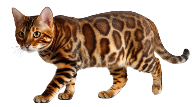 Bengal Cat Stroll: A striking Bengal cat, known for its elegant build and distinctive spotted coat, confidently strolls, exuding an air of sophistication and poise. 
