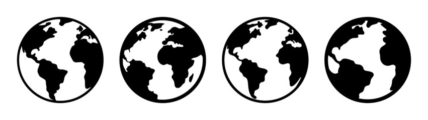 Four stylized earth globe icons depicting continents and oceans in monochrome