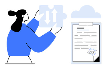Woman holding a puzzle piece with arrows beside a signed document and cloud. Ideal for teamwork, contract, digital signature, problem-solving, data integration, collaboration, simple flat metaphor