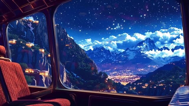 Anime style animated view from a vintage train window showing a magical journey through snowy mountains under a starry night sky, with an illuminated city in the valley and another train passing by