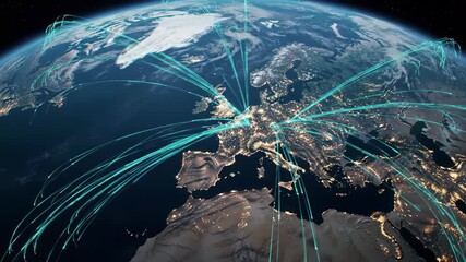 Global technological infrastructure depicted with light rays connecting cities on a dark Earth, showcasing modern connectivity and digital exchange - Powered by Adobe