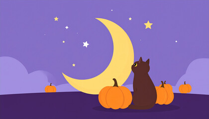 Vector flat illustration of black cat sitting with crescent moon and stars, spooky Halloween theme, cartoon minimal style, no text.