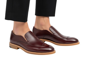 Stylish mens burgundy leather loafers with black trousers, isolated on transparent background