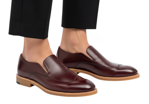 Stylish mens burgundy leather loafers with black trousers, isolated on transparent background - Powered by Adobe