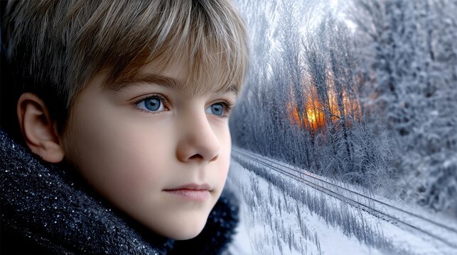 Young boy gazing snowy window view winter scene young boy watches peaceful winter scenery unfold beyond his window a blanket of snow covering everything - Powered by Adobe