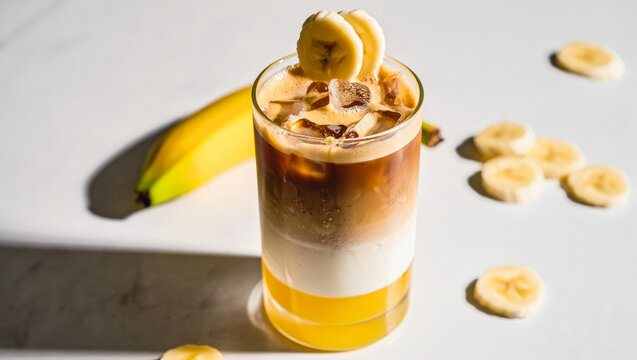 Trendy banana bread coffee in glass, iced latte, layered drink, viral banana flavored beverage, creative coffee recipe, tropical drink, fruit infused latte, specialty coffee, banana dessert drink