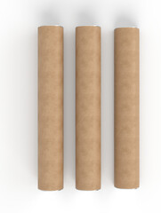 3D Realistic cardboard tube mockup with cap and rolled white poster inside, isolated. Blank kraft paper tube for showcasing artwork, poster, shipping posters, artwork, documents or parcel packaging