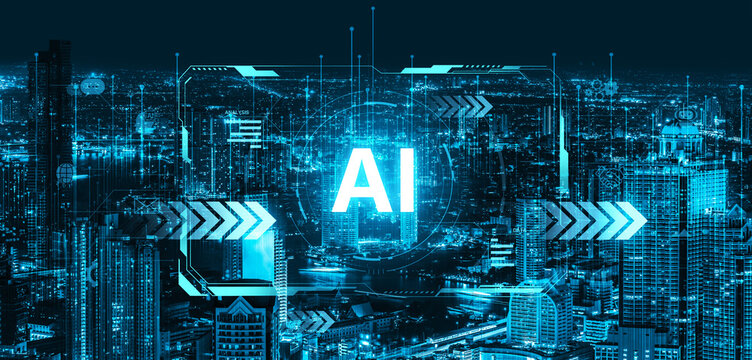 Concept of advanced Artificial Intelligence technology. A futuristic heads-up display shows the core system processing data, representing machine learning and complex analysis. Fermion
