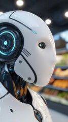 Fototapeta premium A futuristic humanoid robot with a glossy white exterior and glowing blue accents stands in a modern store aisle filled with products