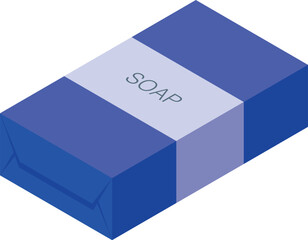 Soap bar in blue cardboard box packaging, isometric view, isolated on white background