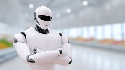 A futuristic robot stands confidently with its arms crossed, set against a bright, modern grocery store background filled with various produce