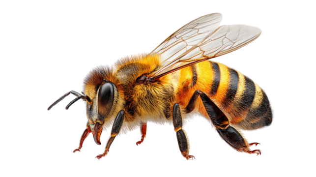 Honey Bee Close-up: Detailed macro view of a honey bee, showcasing its intricate features, the tiny hairs that cover its body, and its beautiful wings, a symbol of nature's delicate balance.