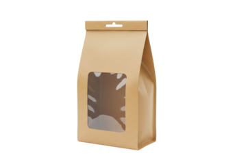 Brown paper bag with window isolated on transparent background, eco-friendly packaging for food products and retail