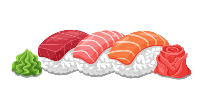 Assorted Nigiri Sushi with Wasabi and Ginger, Served Fresh on a White Plate for a Modern Japanese Culinary Experience, Ideal for Restaurant Menus and Healthy Eating Promotion (Vector Illustration) 198
