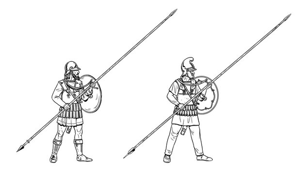 Pontic phalangite in battle. Ancient warriors. Historical drawing.