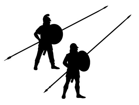 Pontic phalangite in battle. Ancient warriors. Historical silhouette drawing.