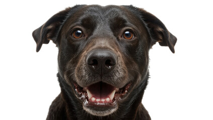 Fototapeta premium Smiling Black Dog A Close-Up Portrait Capturing Joy and Happiness with a White Background